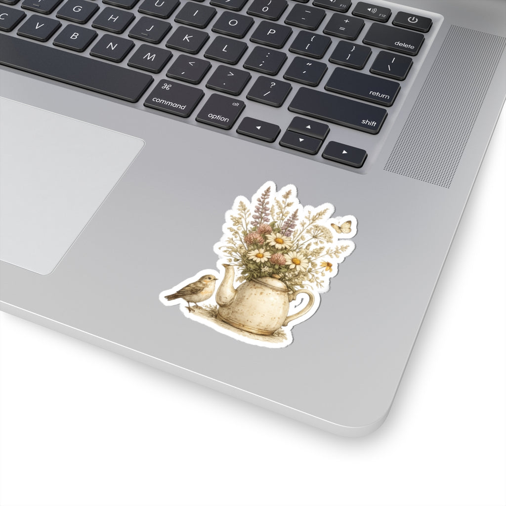 Floral Teapot & Songbird Sticker — 3 Inch Matte