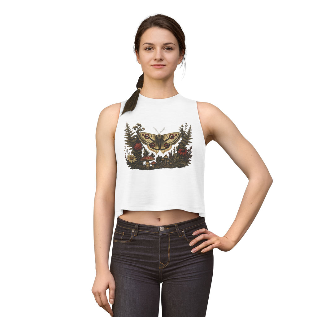 Moth & Wildflower Crop Top — Boho Nature Graphic Tank
