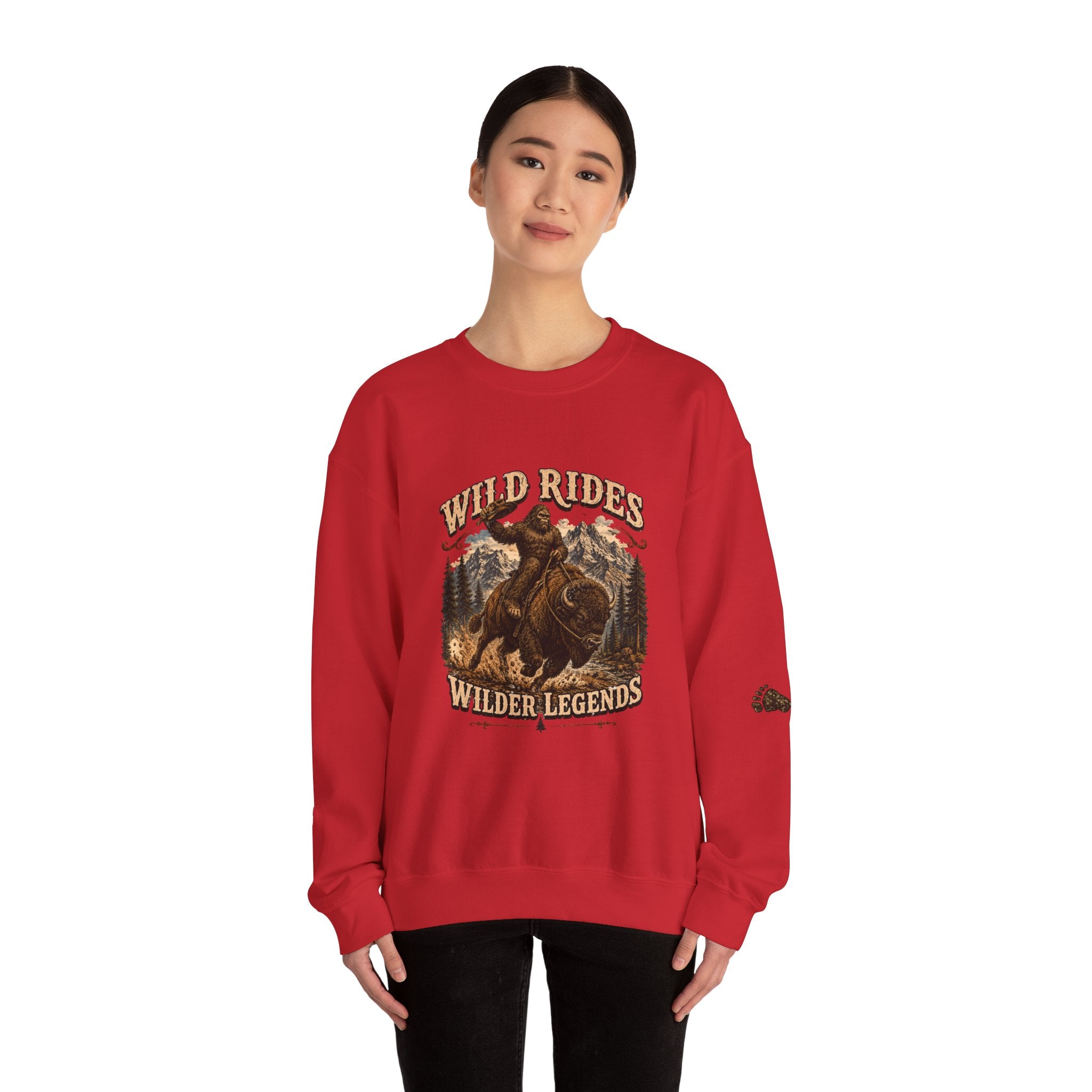 Wild Rides, Wilder Legends — Sasquatch Bison Rider, Crewneck Sweatshirt