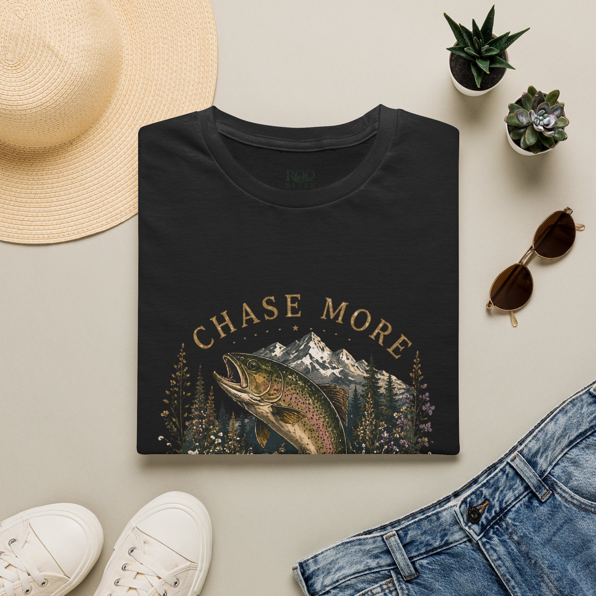 T-Shirt — Chase More, Worry Less Fishing Tee (Mountain Trout Design)