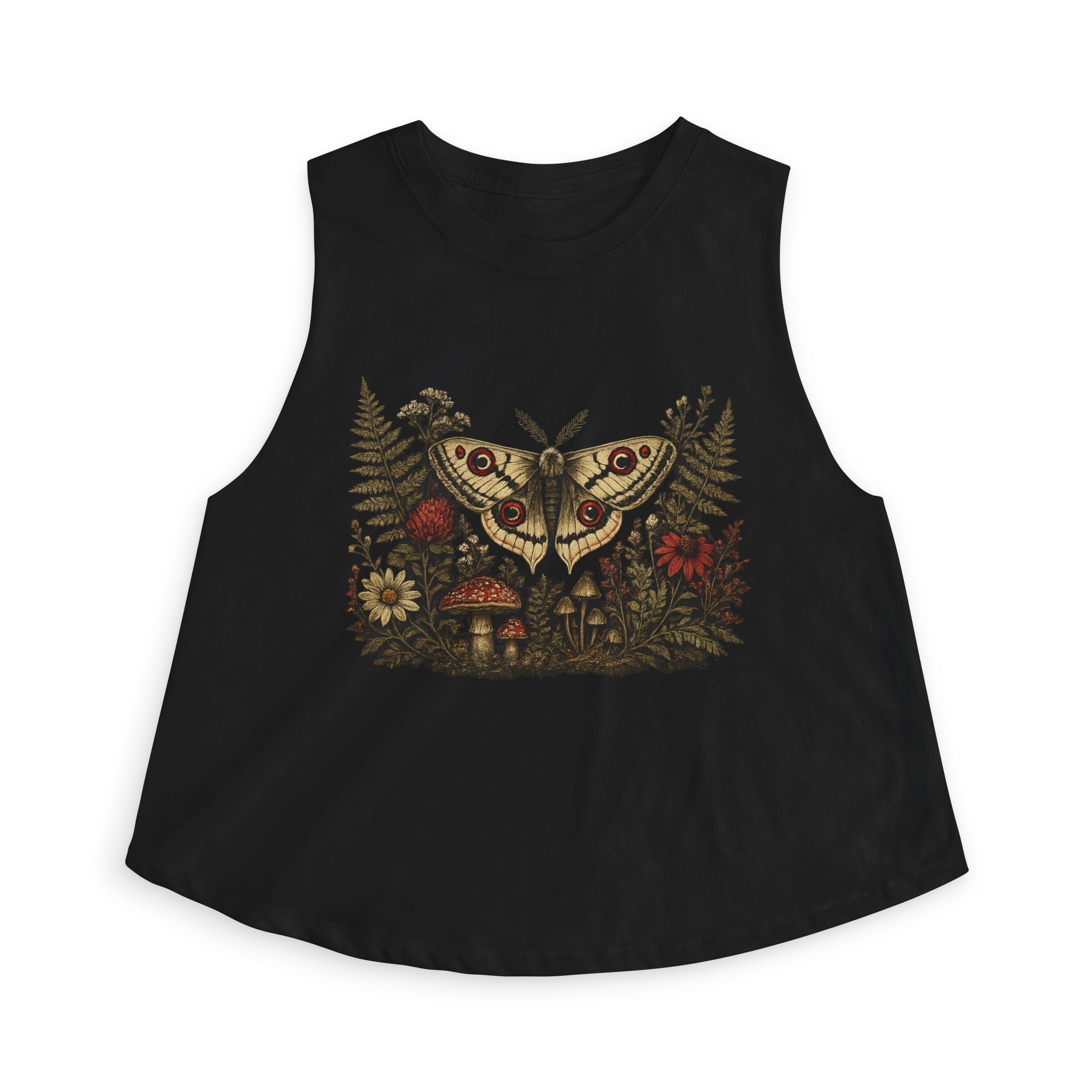 Moth & Wildflower Crop Top — Boho Nature Graphic Tank