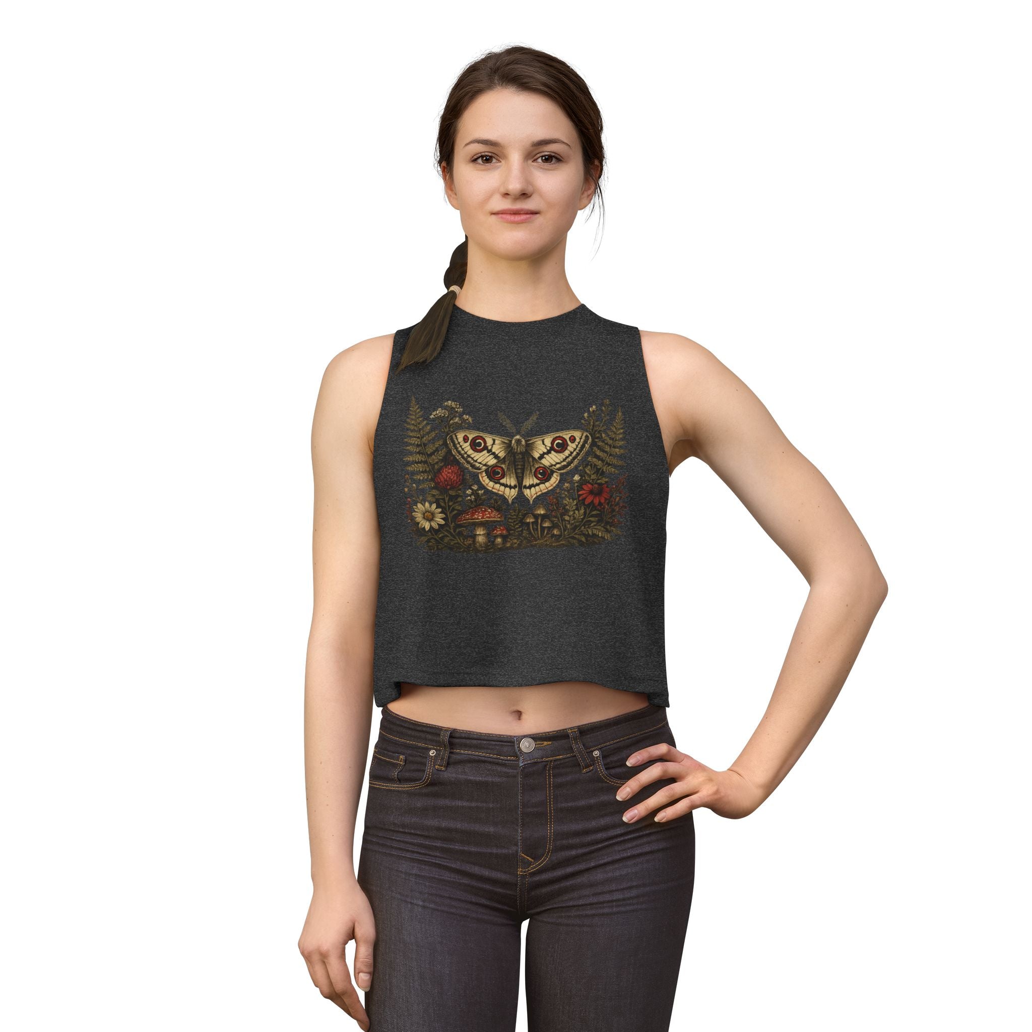 Moth & Wildflower Crop Top — Boho Nature Graphic Tank