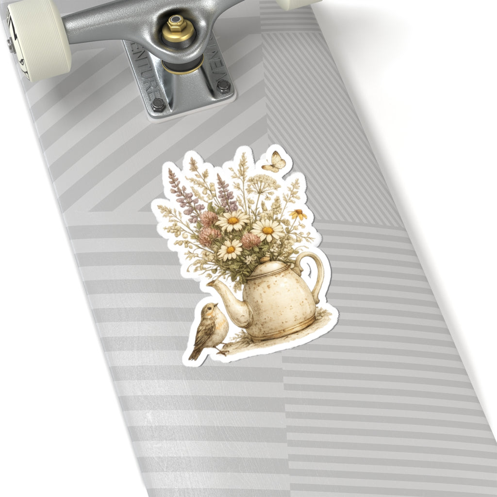 Floral Teapot & Songbird Sticker — 3 Inch Matte