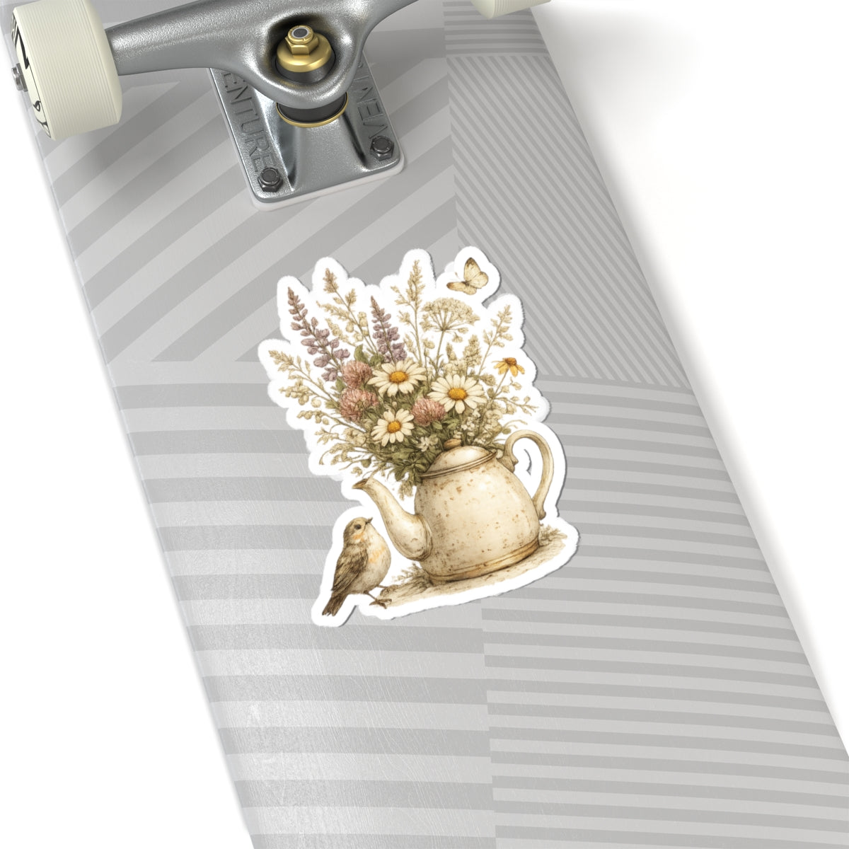 Floral Teapot & Songbird Sticker — 3 Inch Matte