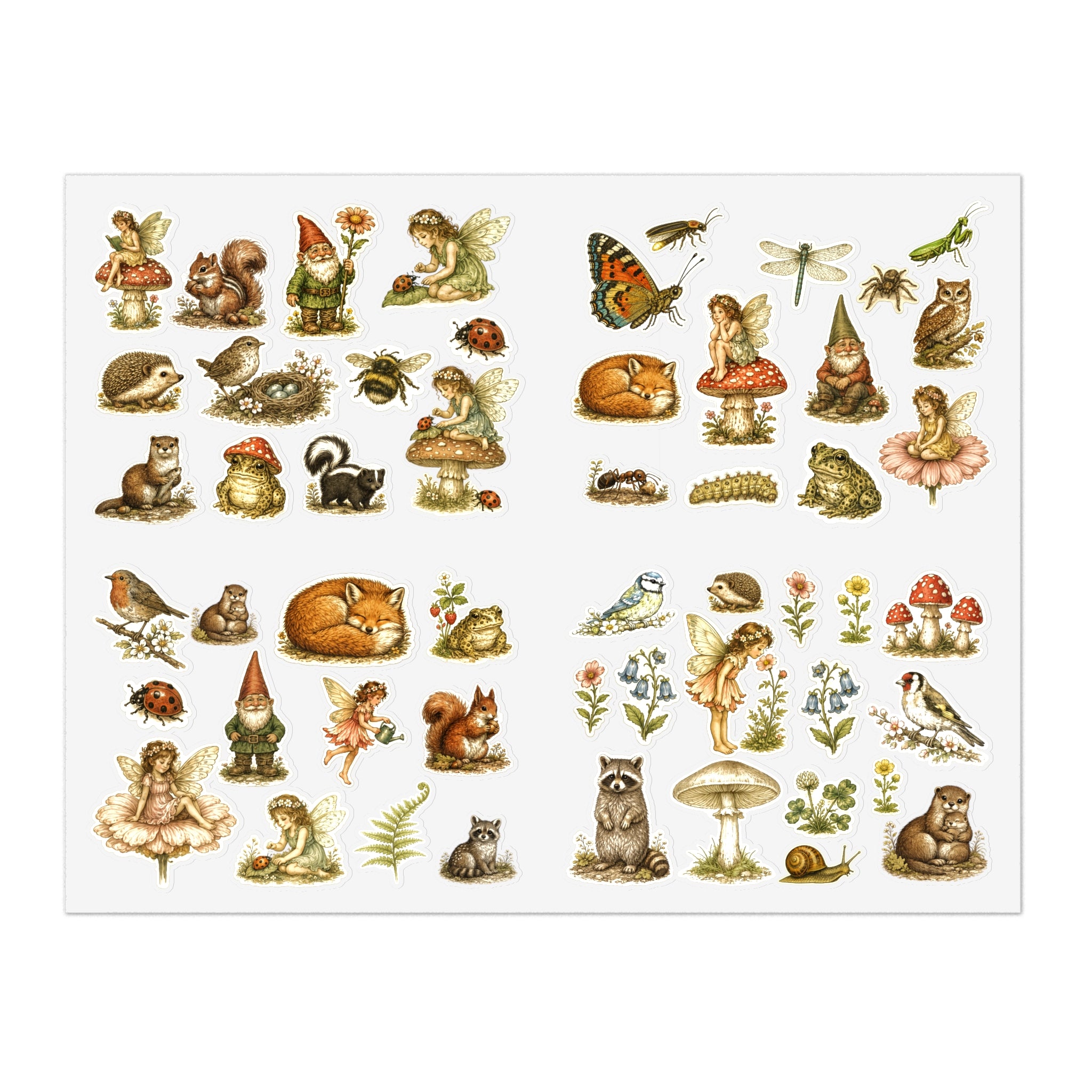 Woodland Fairy Vintage Sticker Sheet — Forest Animals & Mushrooms