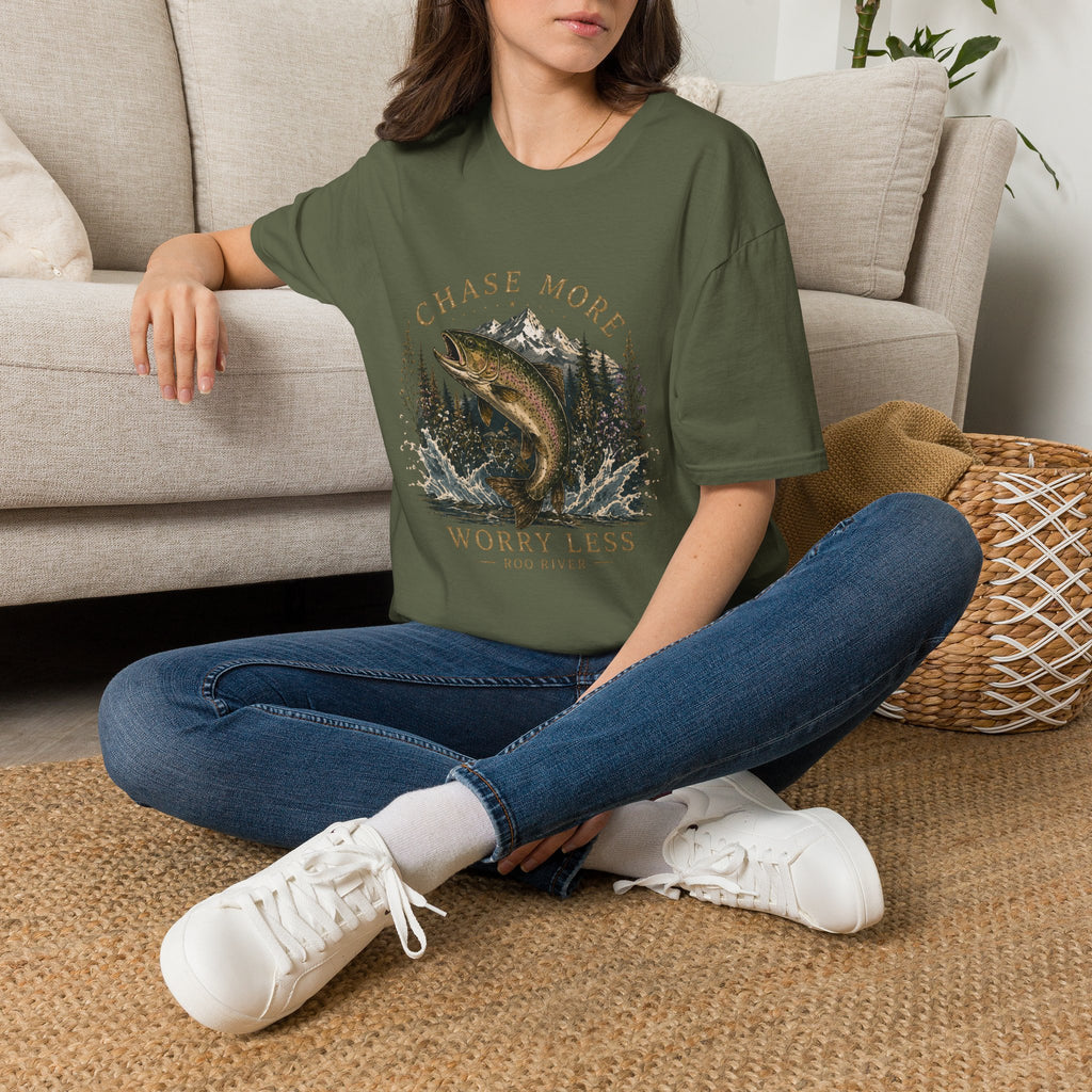 T-Shirt — Chase More, Worry Less Fishing Tee (Mountain Trout Design)