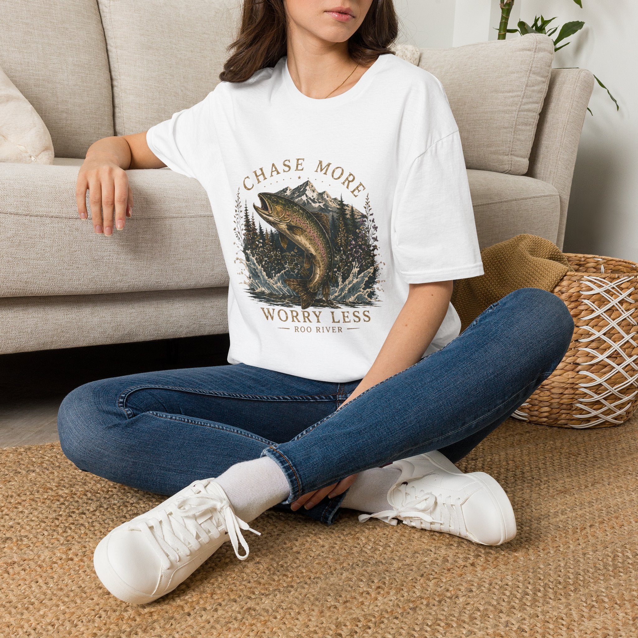 T-Shirt — Chase More, Worry Less Fishing Tee (Mountain Trout Design)