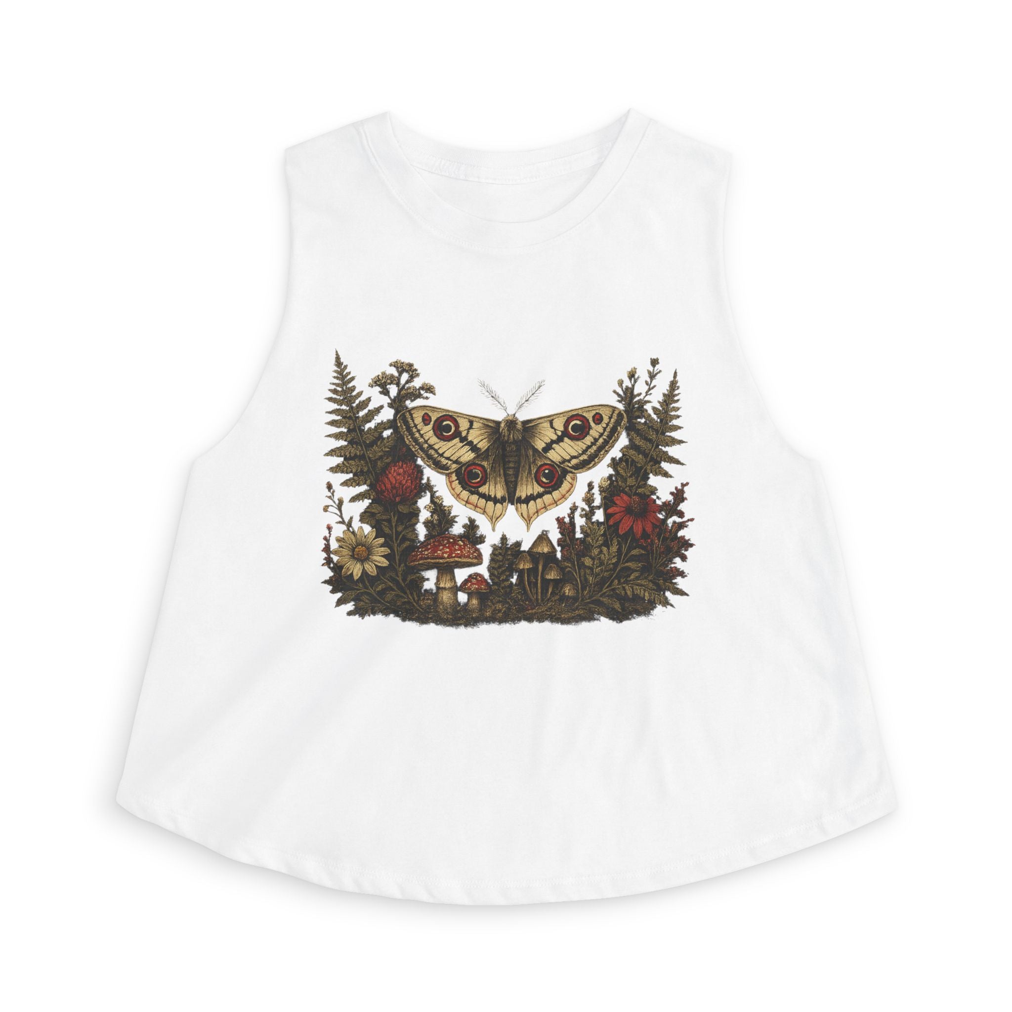 Moth & Wildflower Crop Top — Boho Nature Graphic Tank