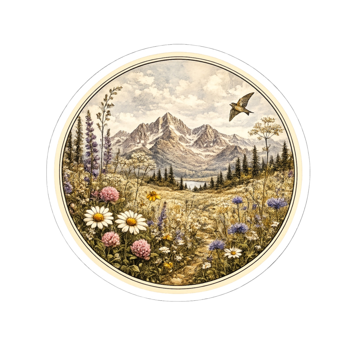 Vintage Meadow Mountain Sticker — Round  Kiss-Cut Scenic Sticker