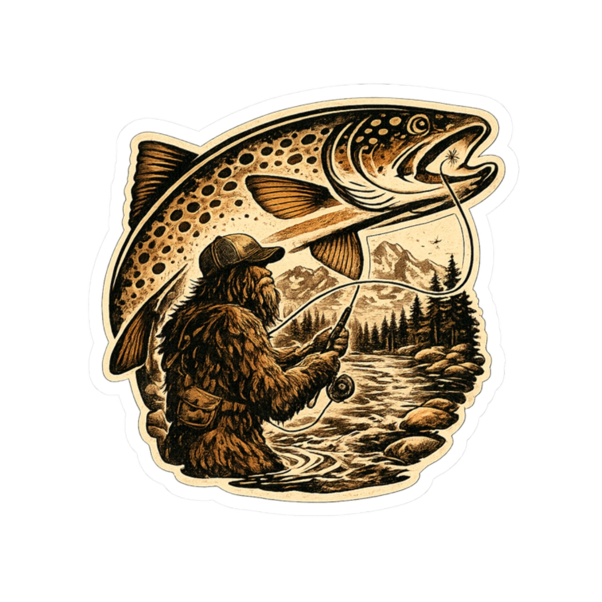 Sasquatch Fly Fishing Trout Sticker — 3 inch Glossy