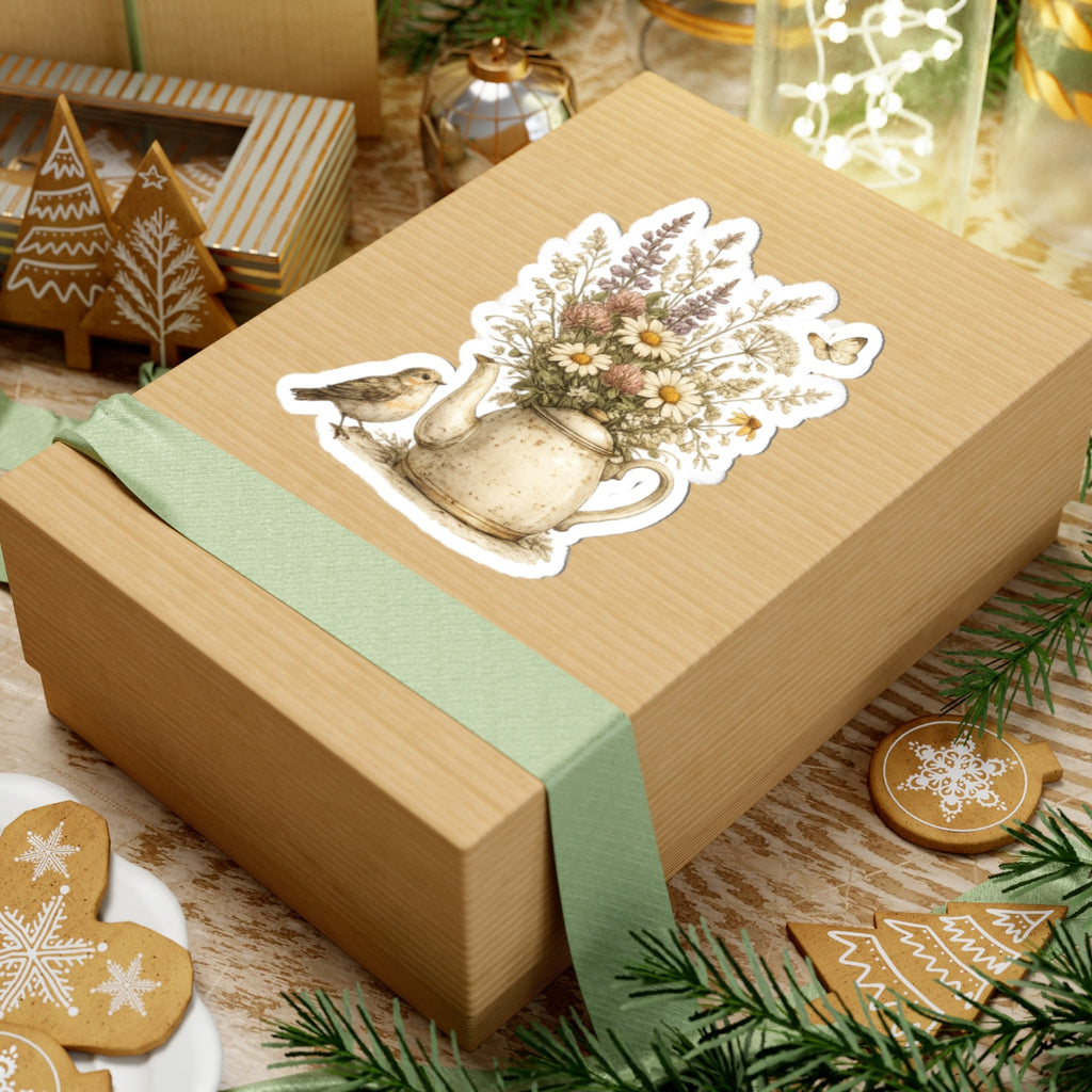 Floral Teapot & Songbird Sticker — 3 Inch Matte