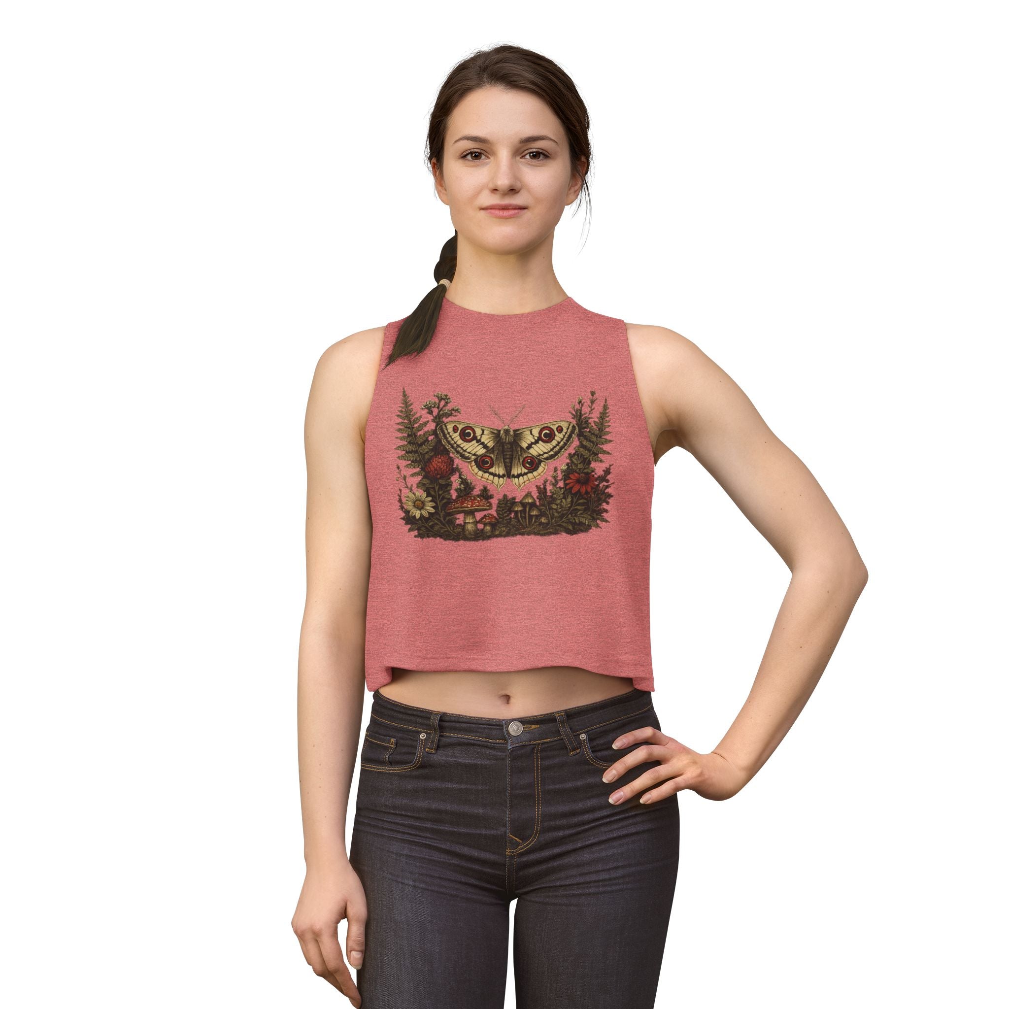 Moth & Wildflower Crop Top — Boho Nature Graphic Tank