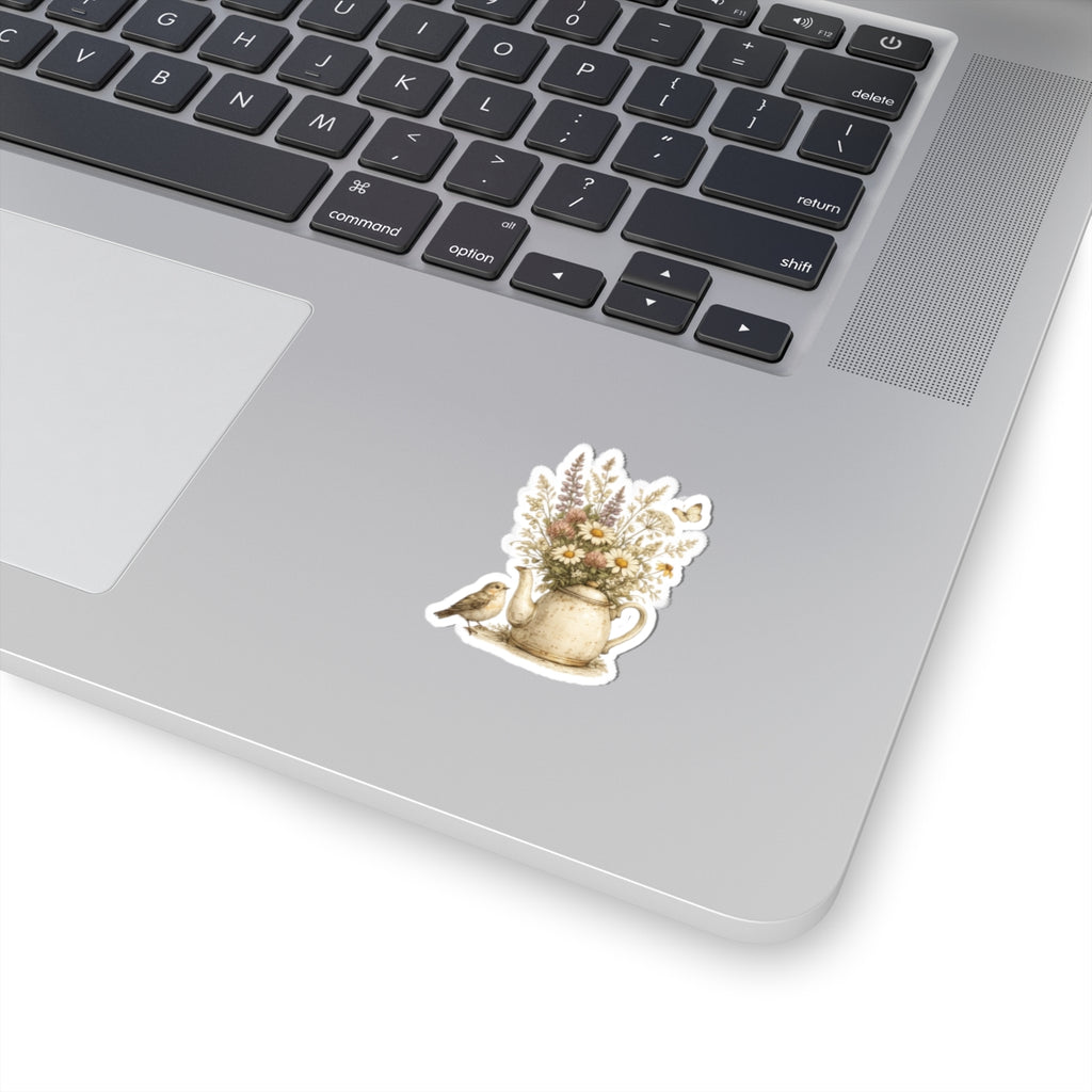 Floral Teapot & Songbird Sticker — 3 Inch Matte