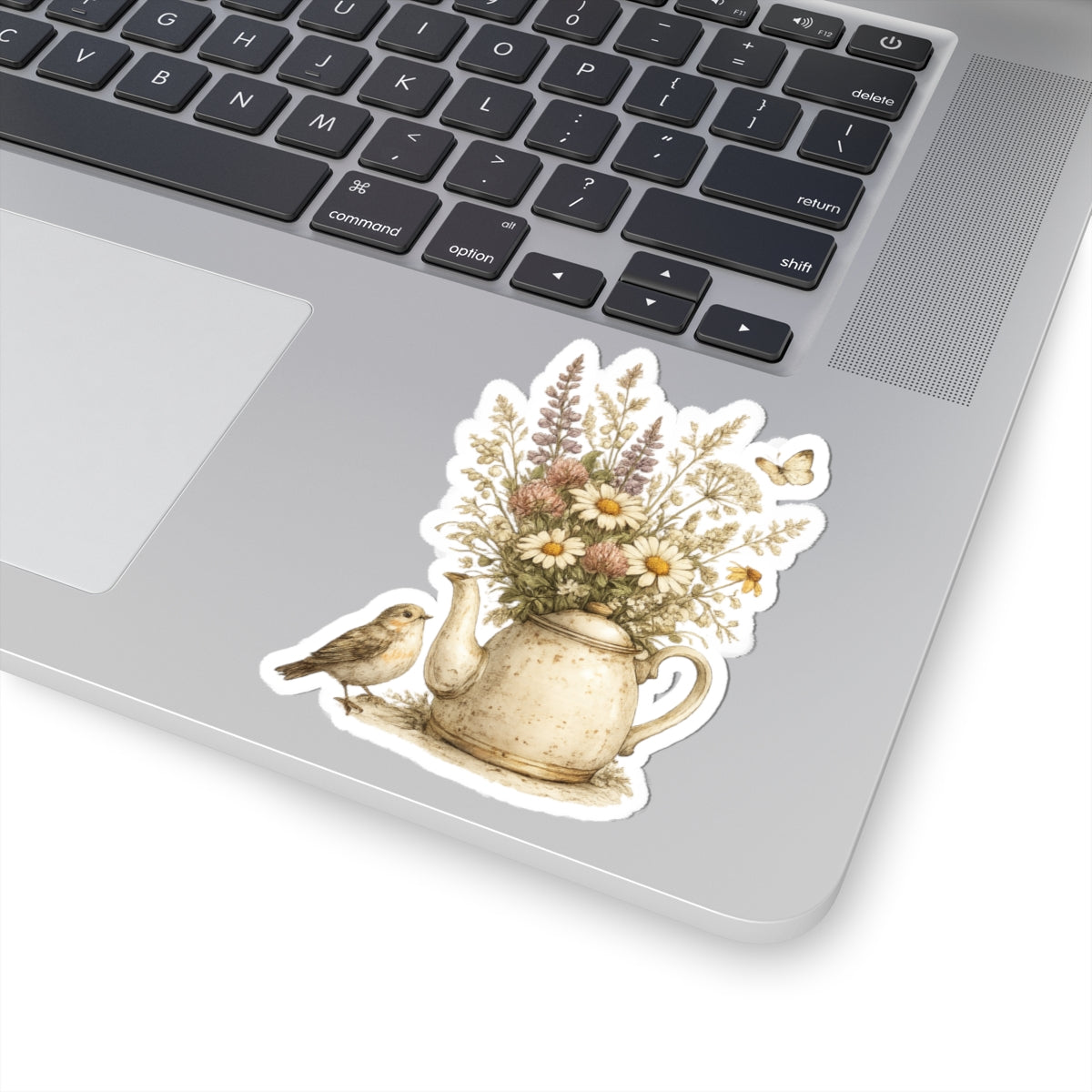 Floral Teapot & Songbird Sticker — 3 Inch Matte