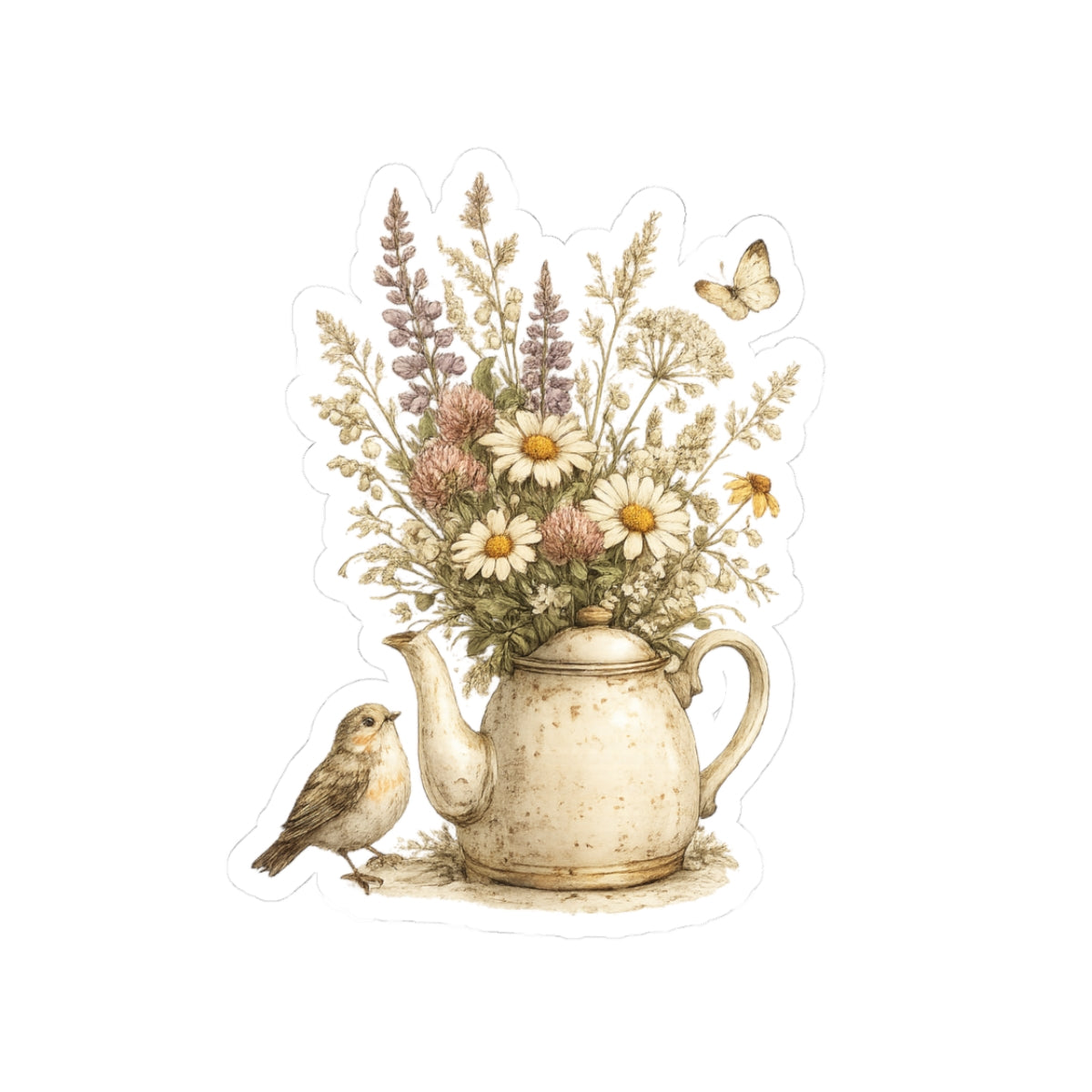 Floral Teapot & Songbird Sticker — 3 Inch Matte
