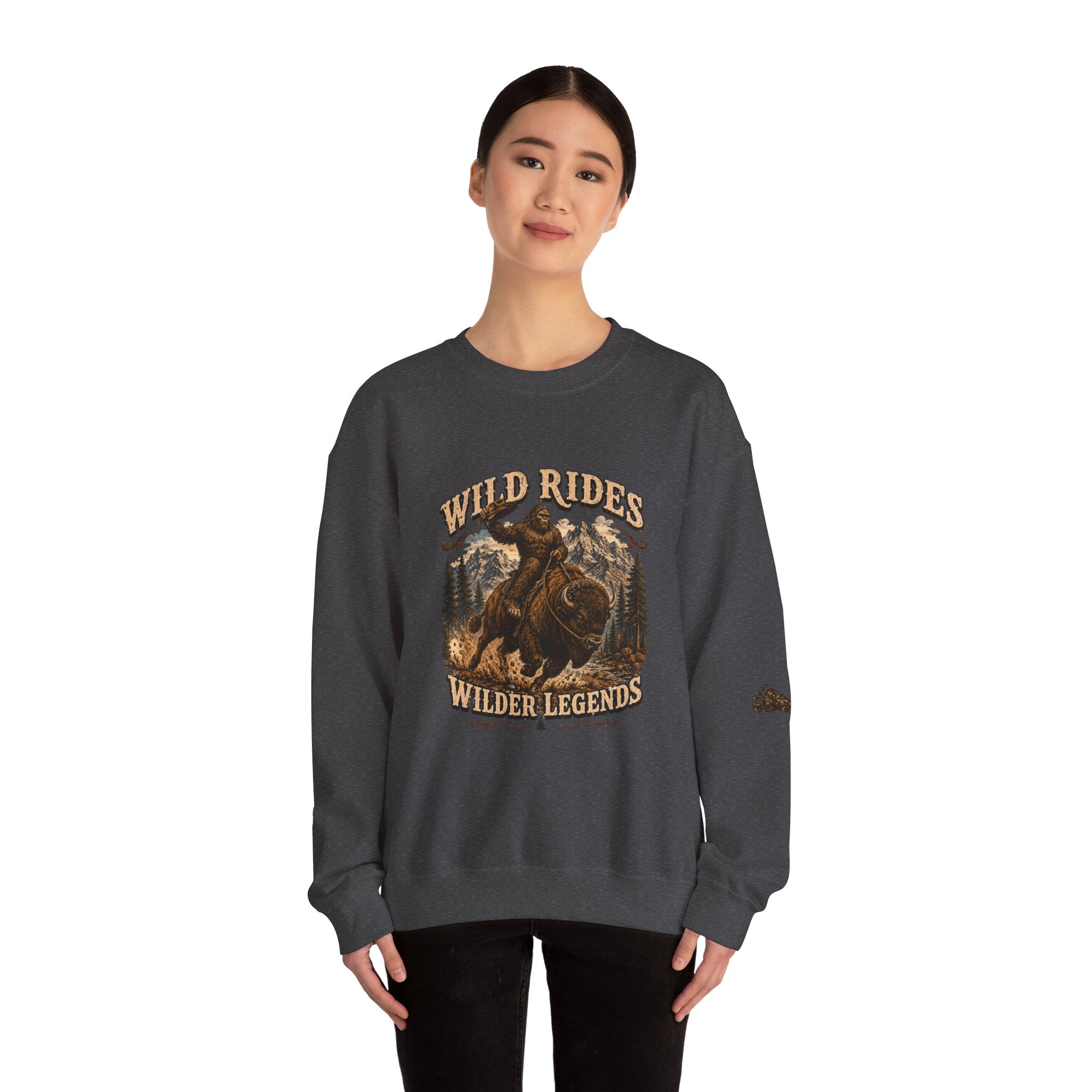 Wild Rides, Wilder Legends — Sasquatch Bison Rider, Crewneck Sweatshirt