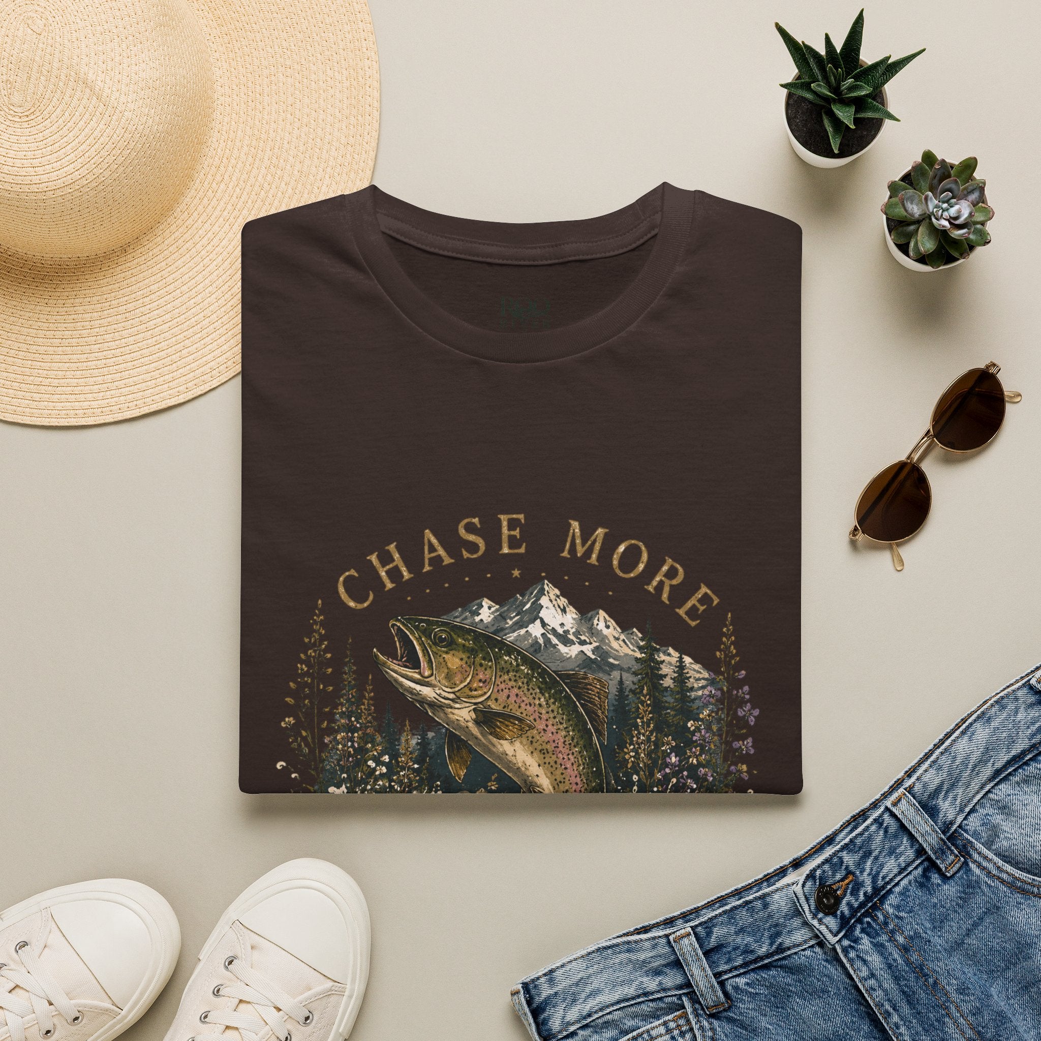 T-Shirt — Chase More, Worry Less Fishing Tee (Mountain Trout Design)