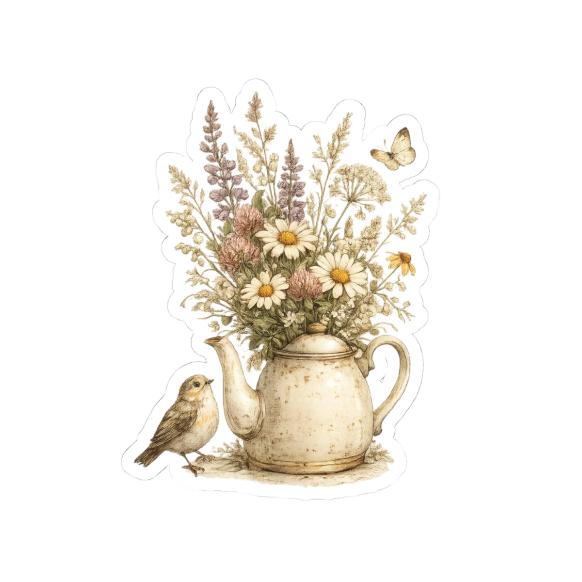 Floral Teapot & Songbird Sticker — 3 Inch Matte