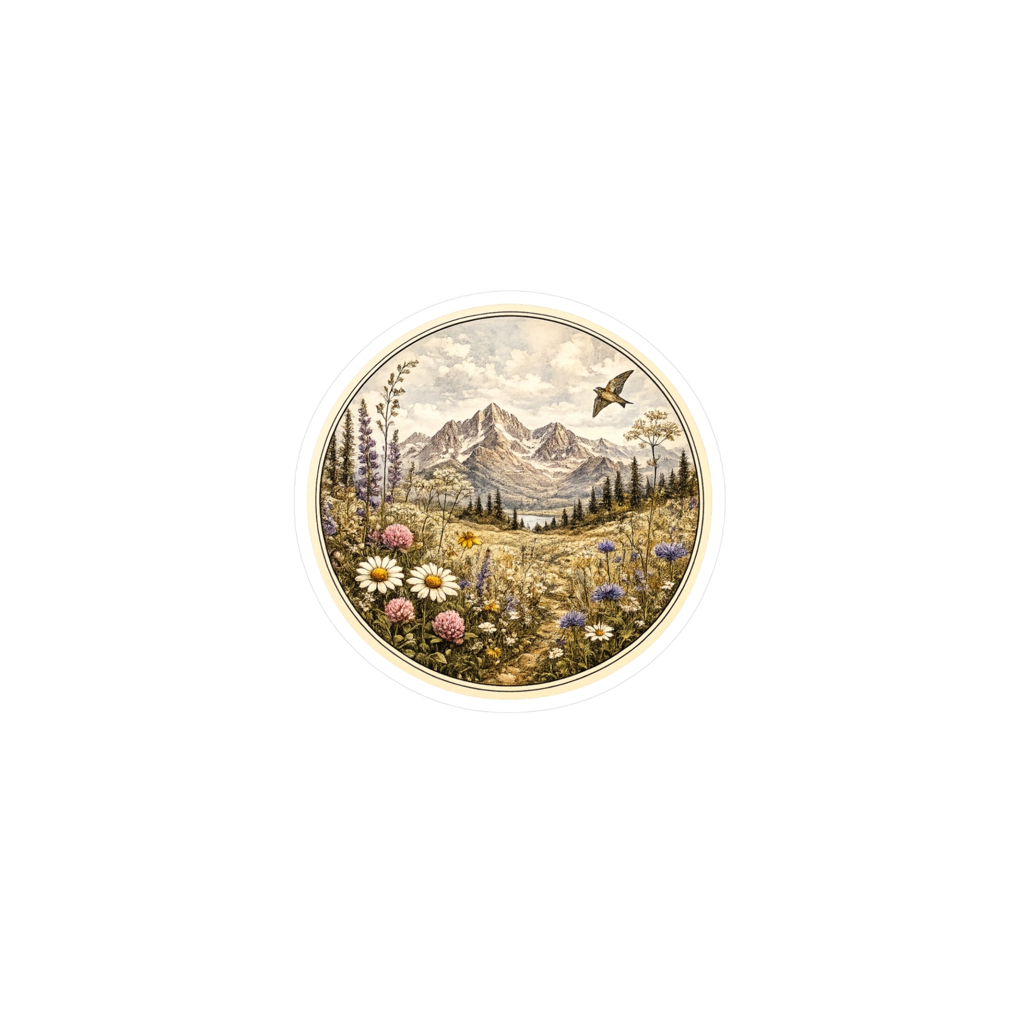 Water Resistant Vintage Meadow Mountain Sticker — Round  Kiss-Cut Scenic Sticker