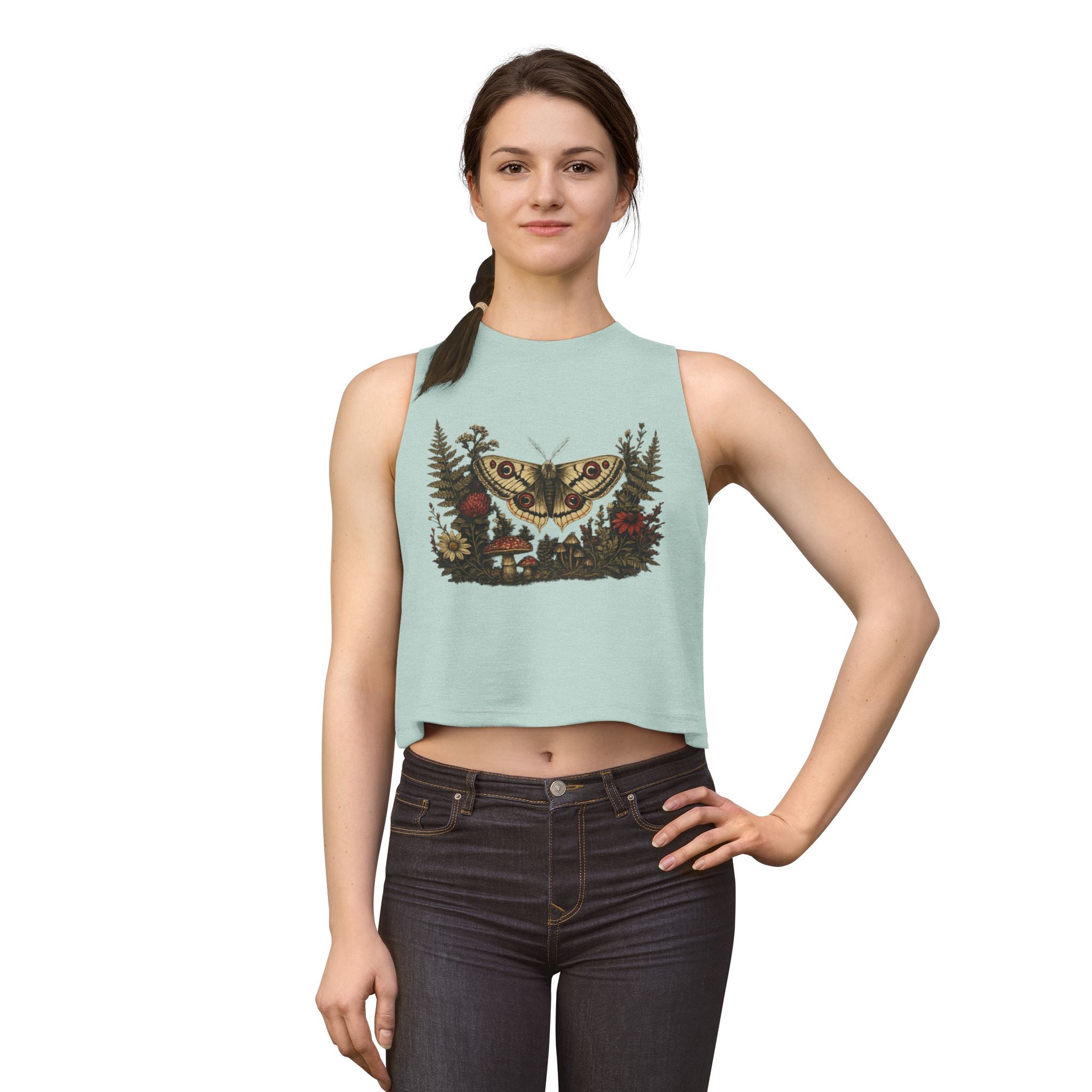 Moth & Wildflower Crop Top — Boho Nature Graphic Tank