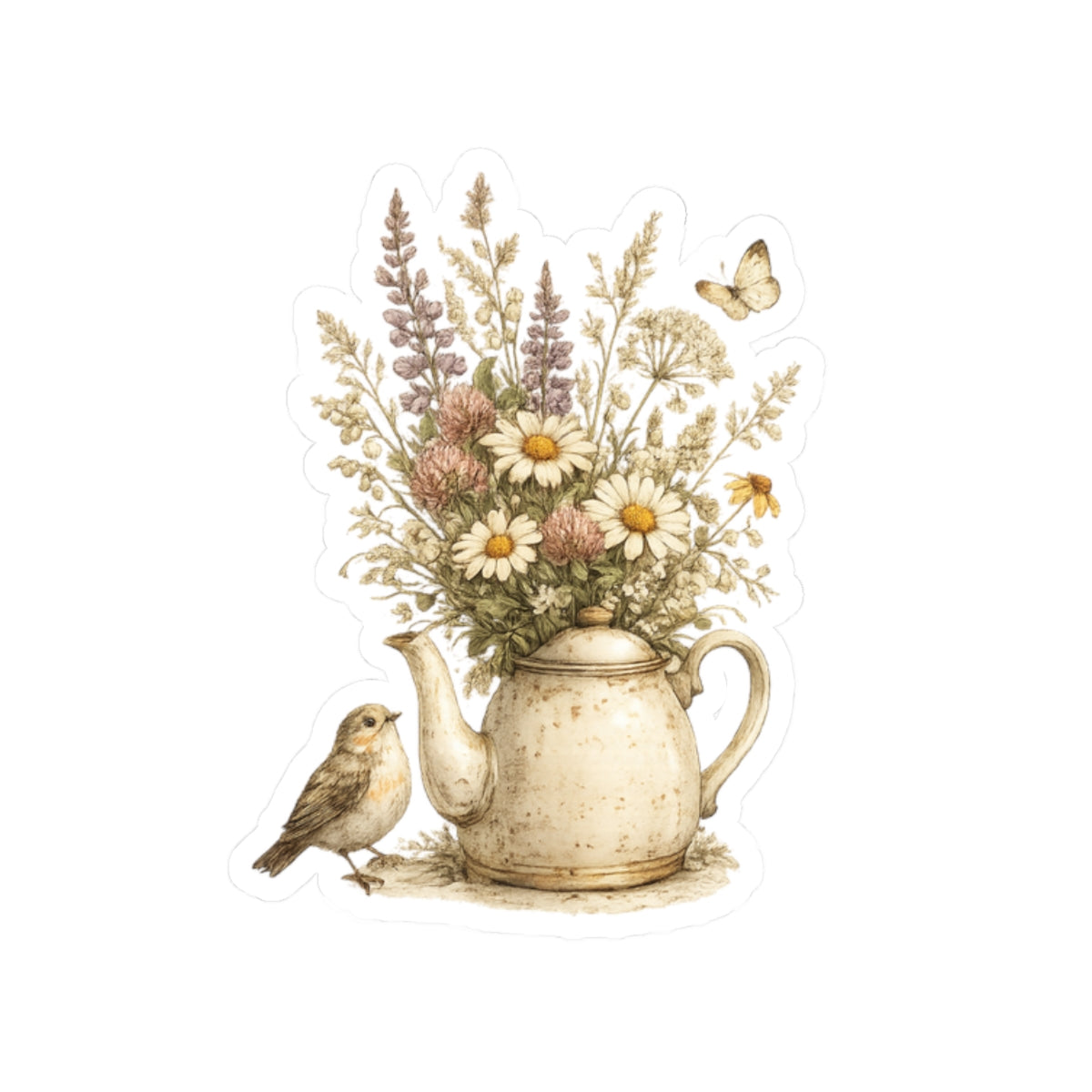 Floral Teapot & Songbird Sticker — 3 Inch Matte