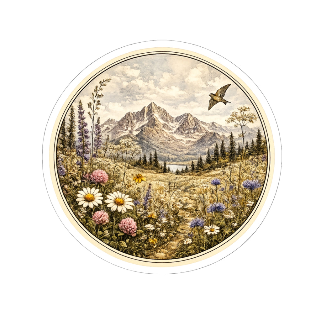 Vintage Meadow Mountain Sticker — Round  Kiss-Cut Scenic Sticker