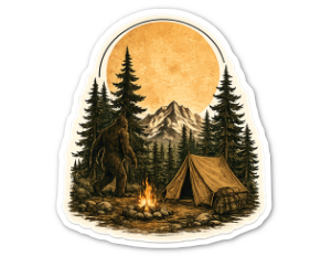 Camping Bigfoot Sticker — 3 inch sticker